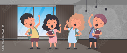 Back to school banner. Children rejoice at the start of the school year. Satisfied schoolchildren. Vector.