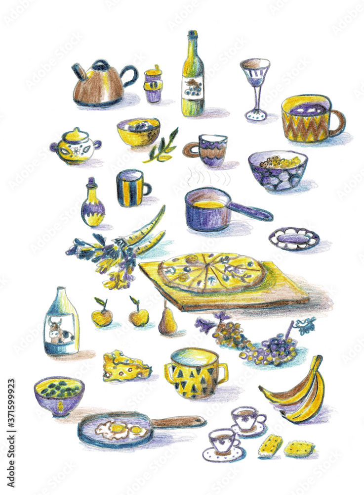 Illustration with a set of bright dishes for the design of the menu