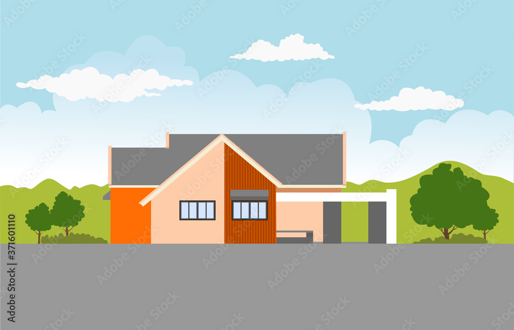 Vector color paint side view of tropical modern house exterior.Single floor one story house .