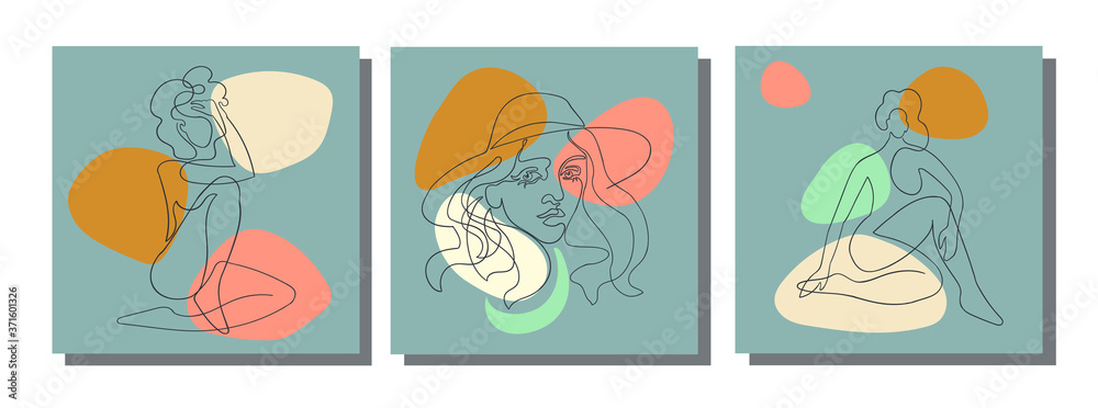 Vector set of collage modern poster with abstract shapes and one line illustrations of women body. For posters, textile print, greeting card template, social media post, banner, invitation, brochure