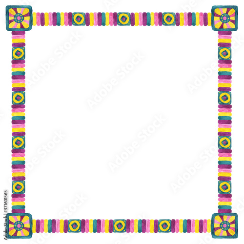 African tribal ethnic square frame in watercolor with space for text or photo. For invitations, announcements and photo frame