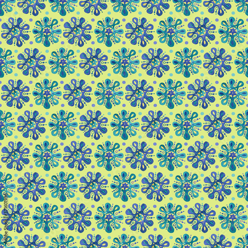 Mandala ethnic tribal seamless pattern in watercolor on yellow background. African, Arabian, Indian, ottoman, Moroccan motifs