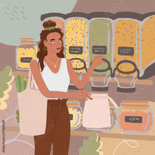 Vector colorful illustration of cute young girl with eco bag buy food in the store or market, trendy dressed on abstract backgrounds. Zero waste concept.