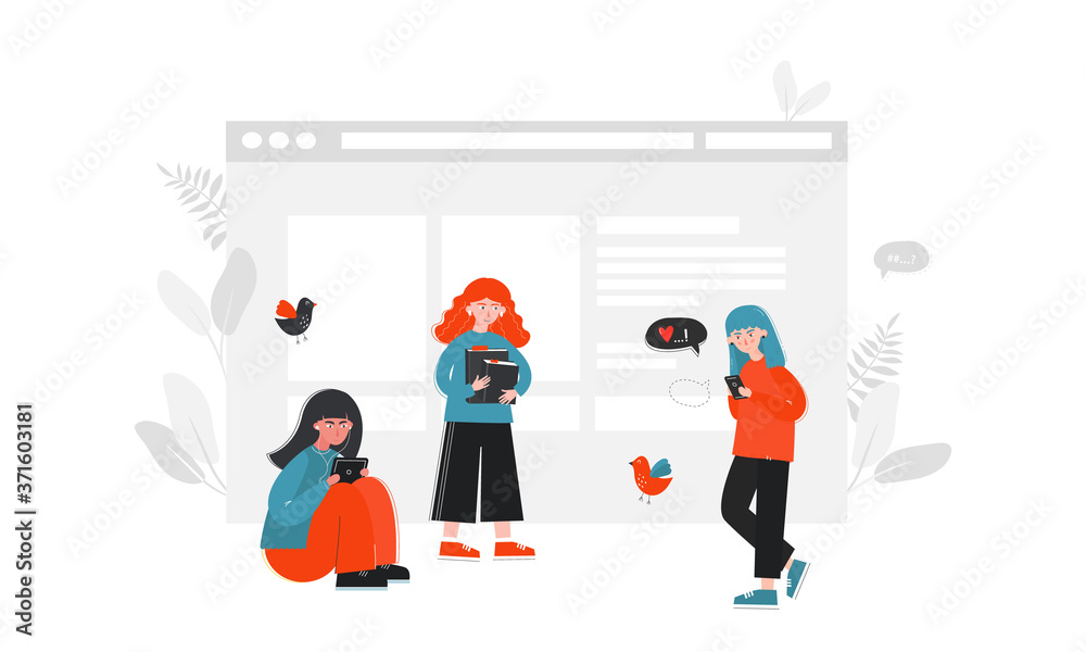Concept for web page, online education. People as Internet users. Girls with gadgets, modern flat style. Design for websites, landing pages, UI, mobile applications, posters, banners.