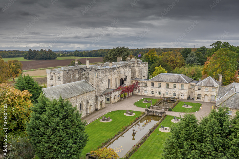 Hazlewood Castle, North Yorkshire historic Castle, chapel and hotel. Drone photograph in the summer. 