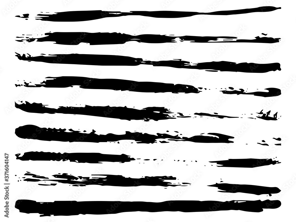 Set of black ink horizontal hand drawn brushes. Abstract isolated grunge lines, or stripes. Vector illustration.
Set of black ink horizontal hand drawn brushes. Abstract isolated grunge lines, or stripes. Vector illustration.