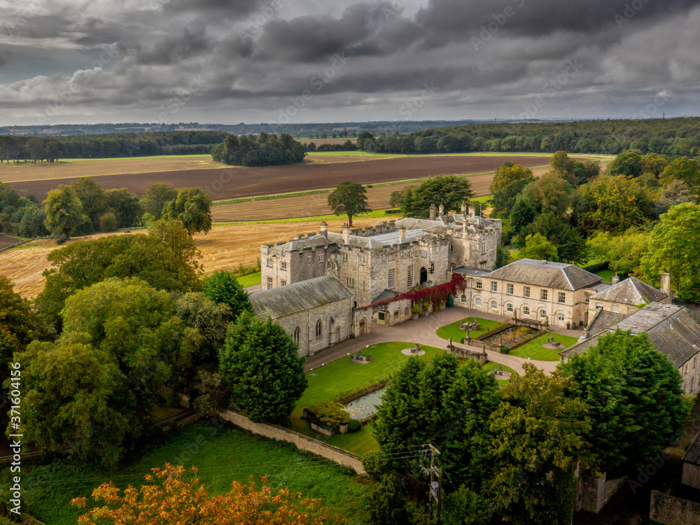 Hazlewood Castle, North Yorkshire historic Castle, chapel and hotel. Drone photograph in the Autumn