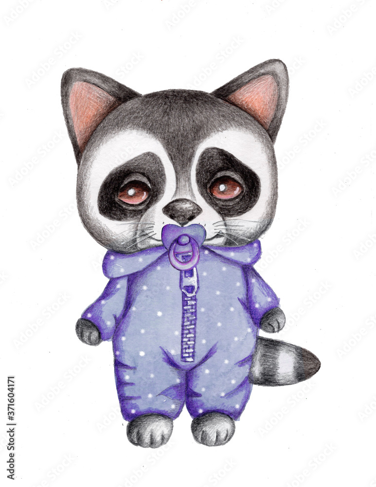 Cute cartoon little raccoon in blue with dummy. Watercolor hand drawn illustration, isolated on white.