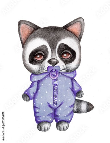 Cute cartoon little raccoon in blue with dummy. Watercolor hand drawn illustration  isolated on white.