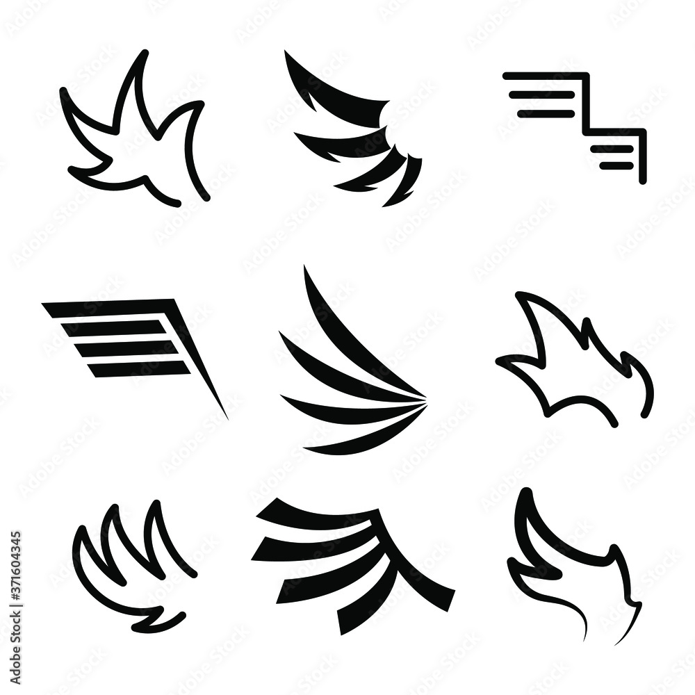Set Black Line Flat Collection Wings Vector Icon Feather Design Style Decoration Sketch Cartoon Set Black Line Flat Collection Wings Vector Icon Feather Design Style Decoration Sketch Cartoon