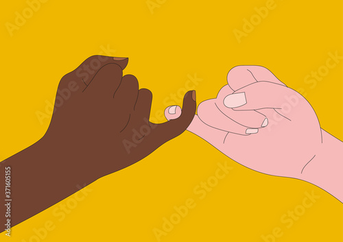 Vector Illustration. Black lives matter blm Black and white hands together. Campaign against racial discrimination of dark skin color. 