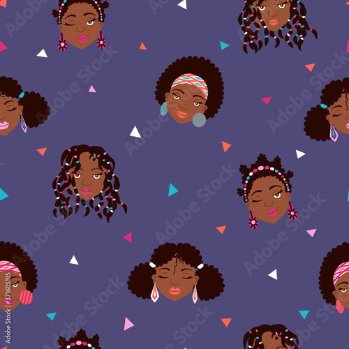 African American girls faces with different coiffures and butterflies seamless pattern in vibrant colors 