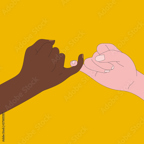 Vector Illustration. Black lives matter blm Black and white hands together. Campaign against racial discrimination of dark skin color. 