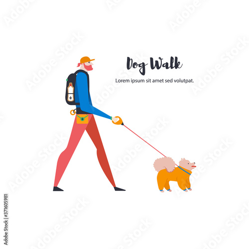 Man walker with dog isolated on white background. Walking with spitz.