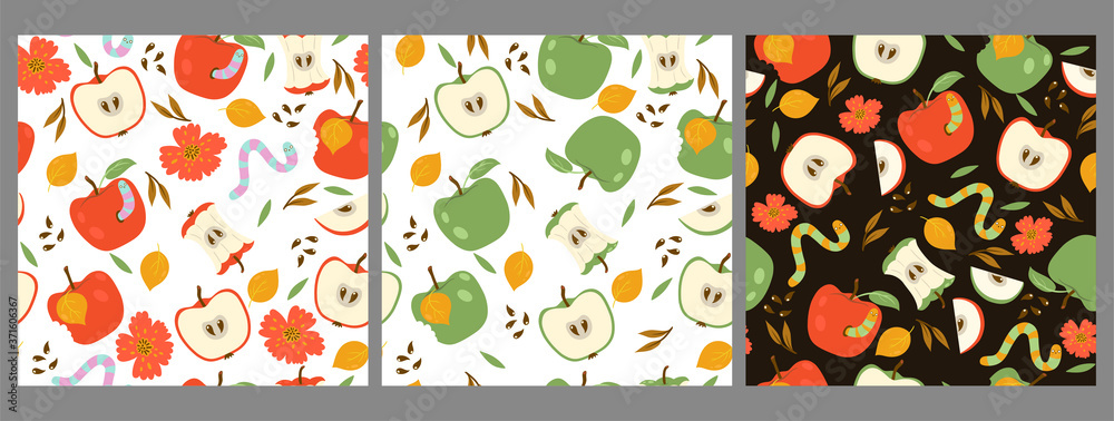 Set of seamless patterns with red and green apples and worms. Vector graphics.