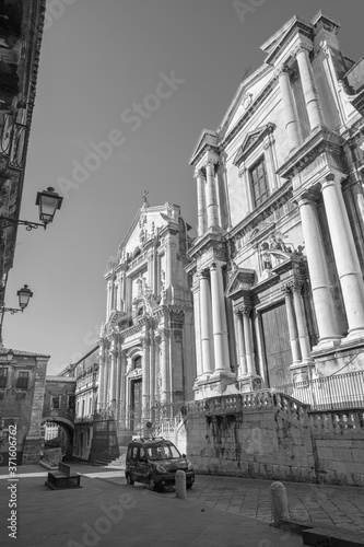 Catania - The baroque portals of churches Chiesa di San Benedetto and Chiesa di San Francesco Borgia.