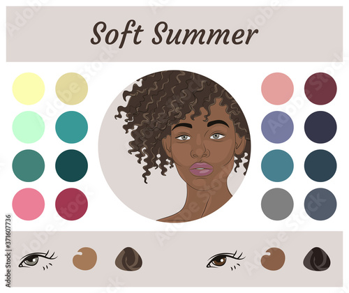 Stock vector seasonal color analysis palette for soft summer. Best colors for soft summer type of female appearance. Face of young african american woman