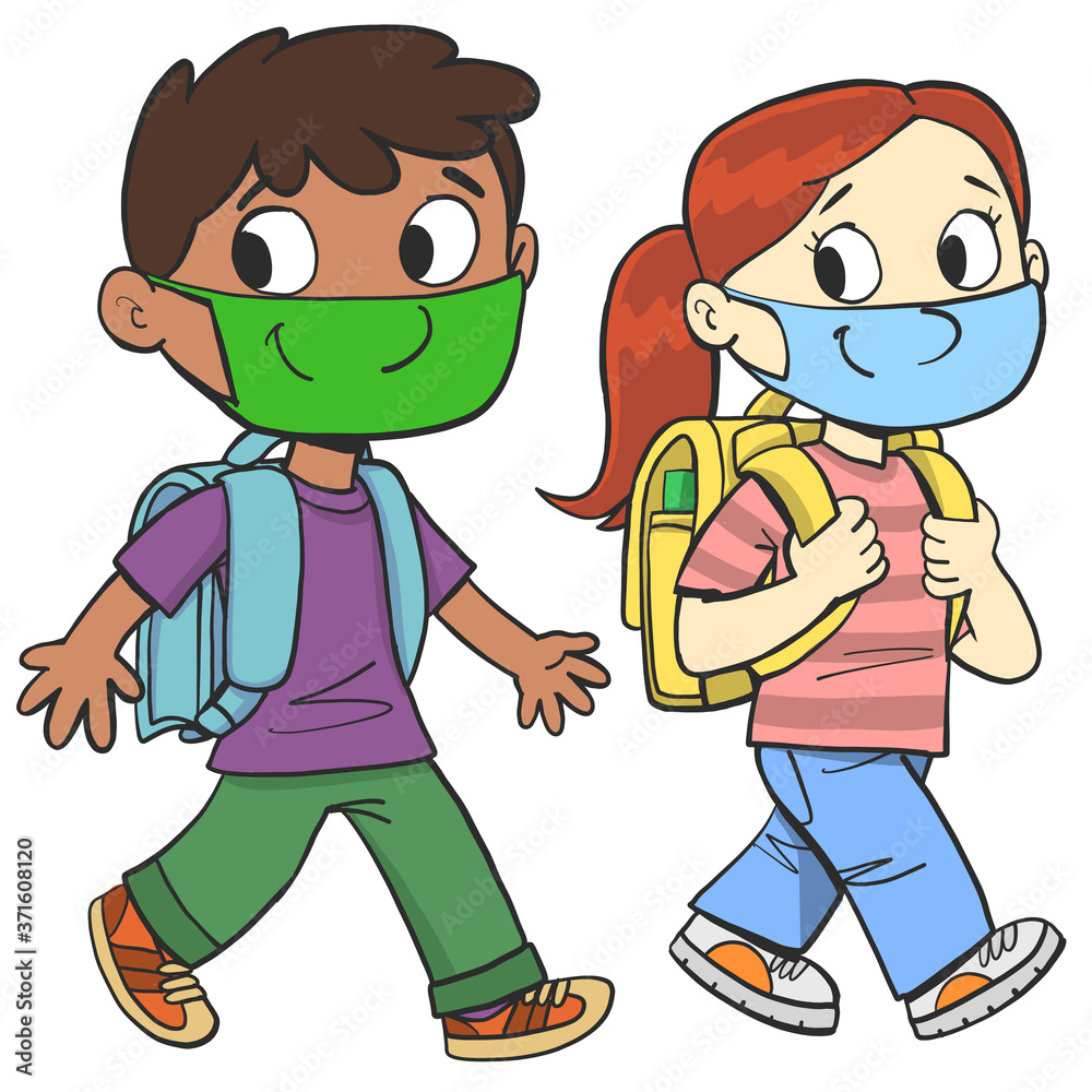 boy and a girl with masks on their faces happily go to school boy and a girl with masks on their faces happily go to school