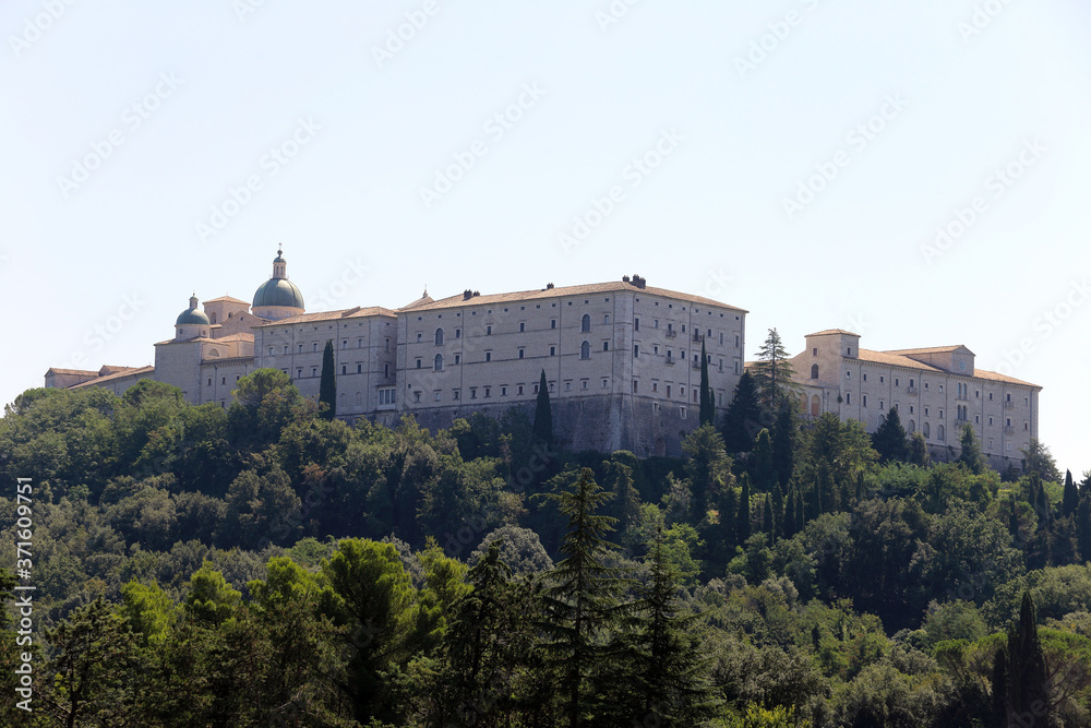 Cassino, Italy - August 14, 2020: View of Montecassino Abbey from the Polish Military Cemetery
