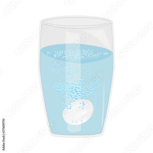 Effervescent aspirin tablets dissolve in a glass of water isolated on white background. Soluble pill, medicine drug, antibiotic or vitamin under the water. Pharmaceutical preparations. Stock vector 