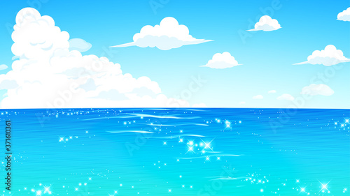 キラキラした海と空の風景_背景イラスト_16:9