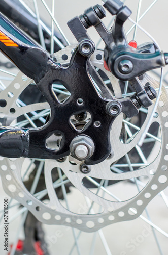 Rear disc brake system close-up on a bicycle.