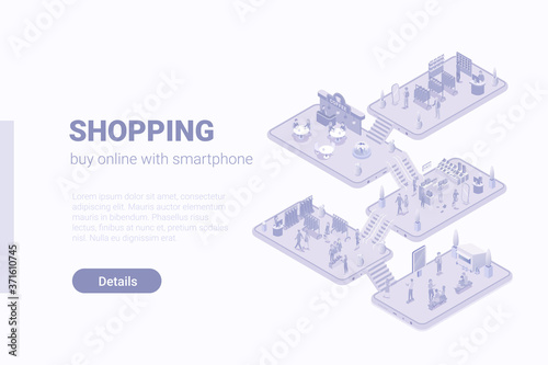 Isometric Flat 3D People in Shopping Mall Shop center vector concept.