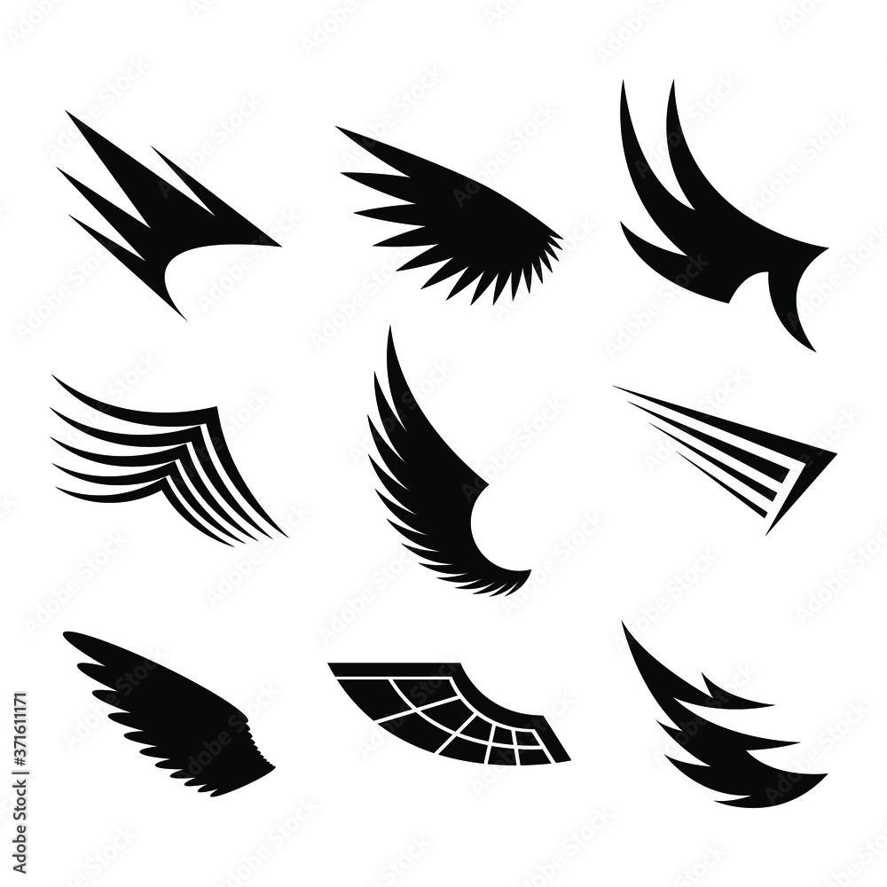 Set Black Line Flat Collection Wings Vector Icon Feather Design Style Decoration Sketch Cartoon