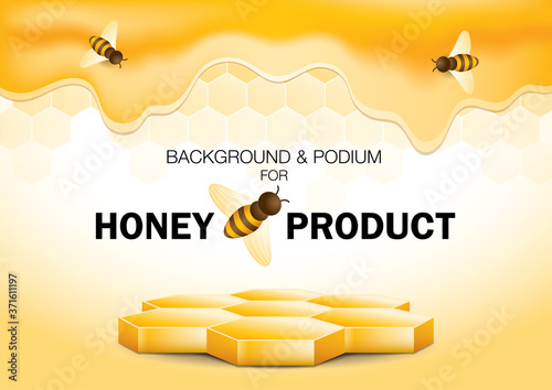 Product display stand 3d illustration vector with bee and honey background.