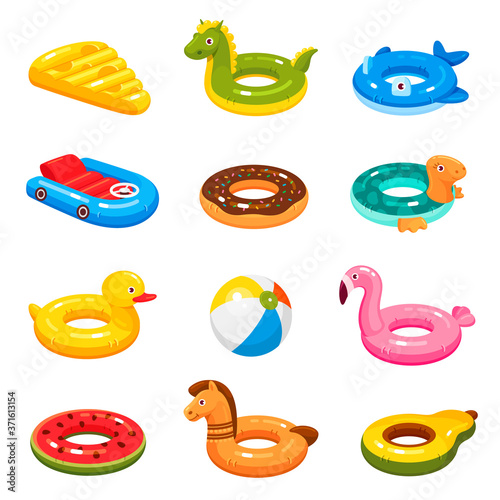 Inflatable swimming rings set for children. Floating cheese, dragon, dolphin, whale, car, donat.