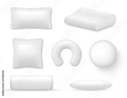 Pillow, cushion white for sleep, rest, relax realistic mockups set. Soft support of body.