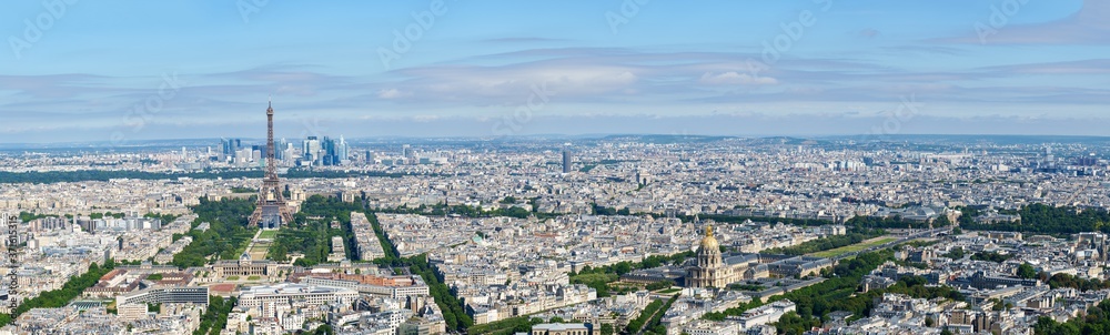 Paris aerial cityscape from Eiffel Tower to Grand Palais with La Defense, Hotel des Invalides, Arc de Triomphe and Pont Alexandre III. 100Mpixel panoramic from Tour Montparnasse observation desk.