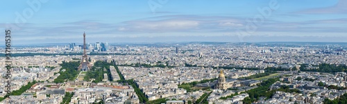 Paris aerial cityscape from Eiffel Tower to Grand Palais with La Defense, Hotel des Invalides, Arc de Triomphe and Pont Alexandre III. 100Mpixel panoramic from Tour Montparnasse observation desk. © UlyssePixel