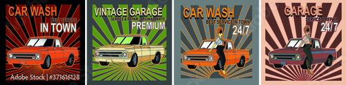 Service and repair poster, original spare parts, art in retro style, Set of vintage car posters signs, Garage and car wash retro poster with pin-up style girl. Set of vintage car posters woman art