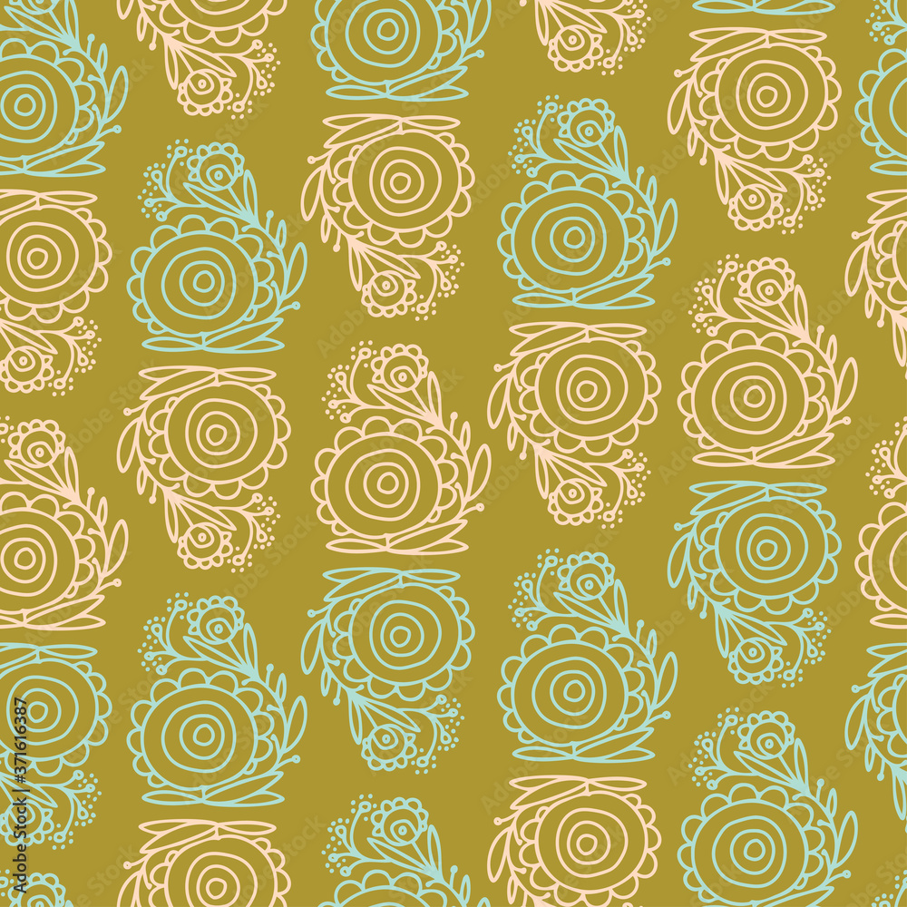 Fototapeta premium Seamless vector pattern of ornamental lined abstract flowers on dark yellow
