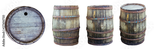 Wooden old barrels isolated. Set of different angles. Rotten wood, rusted rims