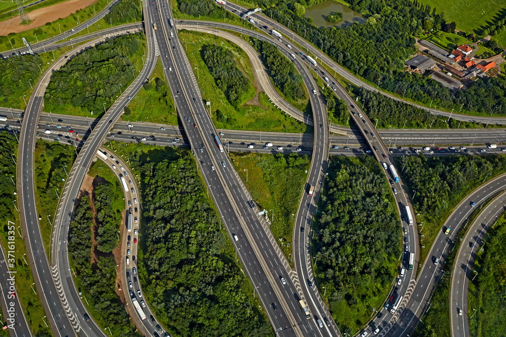 Aerial view of of the M25 and M11 interchange in Greater London in Epping, Essex