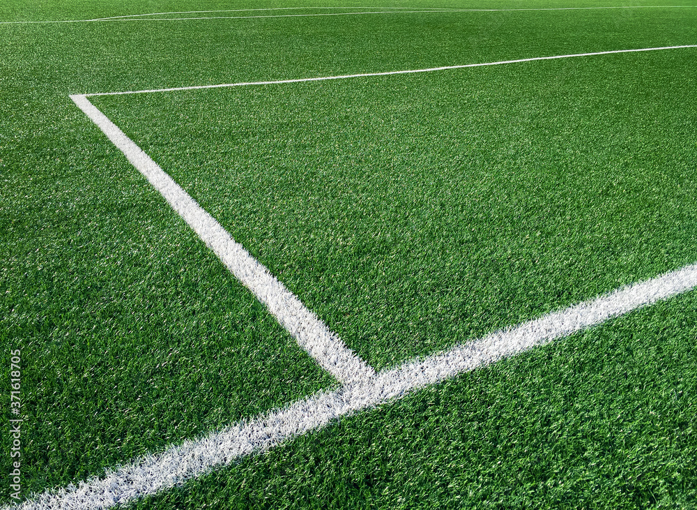 Stadium. Green grass soccer field with white markings. Stadium. Green grass soccer field with white markings.