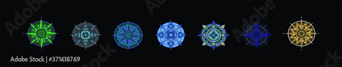 set of old compass design template with various models. isolated vector illustration on black