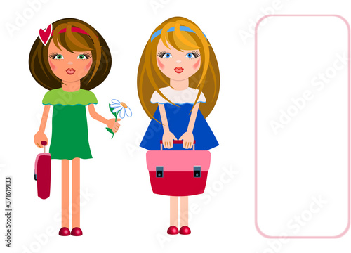 Vector children's card 2 cartoon little girls in a dress with a briefcase in their hands. Concept of soon to school, first grader. Isolated on white background, design for greeting card, invitation