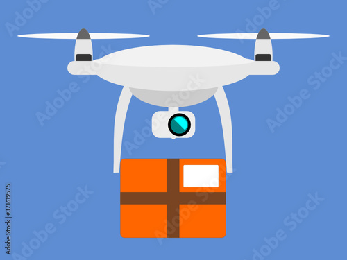 Vector illustration of a consumer drone with rotors and a parcel which is delivered to customers who are using online shopping
