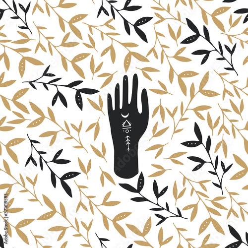 Vector colors seamless pattern of mystic henna mudra hands and flower. Great for fabric, wrapping paper and card. Aztec stile, ethnic collection, design  isolated on white background.