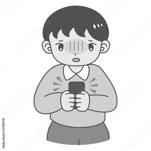 スマートフォン使用時のSNS依存・ストレスを感じる男性　白黒