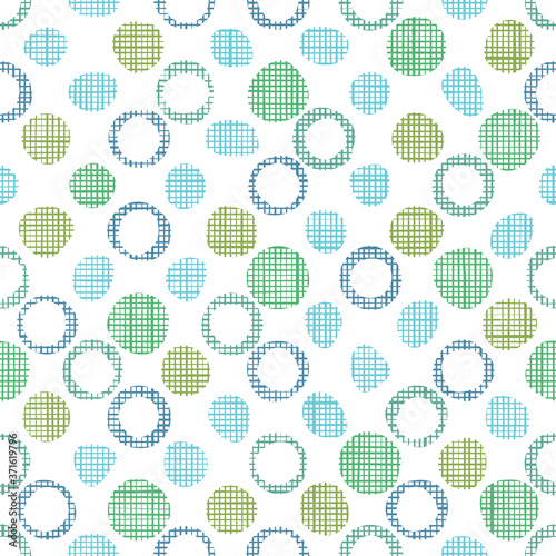 Doodle woven fabric texture in bubbles and dots. Seamless pattern of textile. Repeating linen or cotton texture. Pastel blue and green colors.
