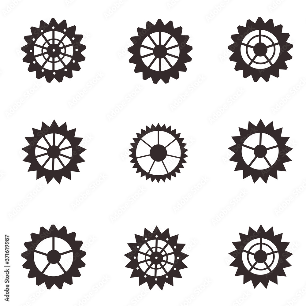 Nine different gears. Vector image on a white background. Isolated elements. For presentation or infographic on the topic of engineering, mechanics, technology Nine different gears. Vector image on a white background. Isolated elements. For presentation or infographic on the topic of engineering, mechanics, technology