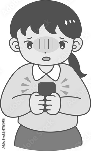 スマートフォン使用時のSNS依存・ストレスを感じる女性　白黒
