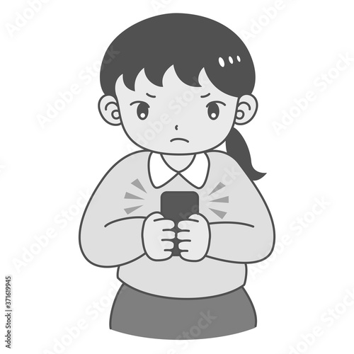 スマートフォン使用時のSNS依存・ストレスを感じる女性　白黒