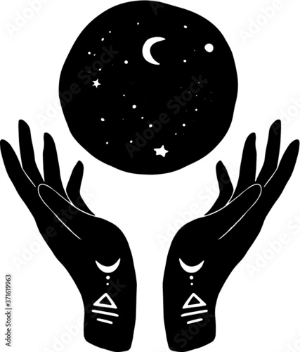 Vector mystic henna mudra hands and  moon. Great for fabric, wrapping paper and card. Aztec stile, ethnic collection, design isolated on white background.