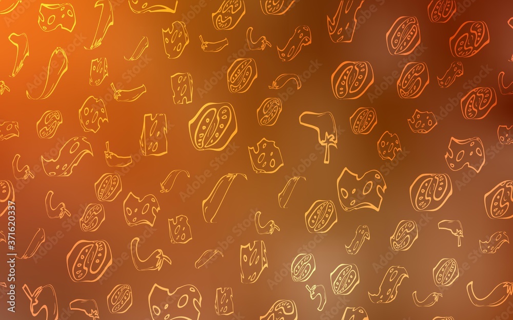 Light Orange vector background with tasty food. Beautiful colored illustration with food in doodle style. Design for ad, poster, banner of cafes or restaurants. Light Orange vector background with tasty food. Beautiful colored illustration with food in doodle style. Design for ad, poster, banner of cafes or restaurants.
