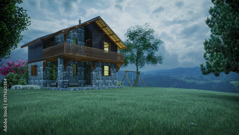 cabaña rustica dia nublado rodeada de colinas - render 3d foto de Stock ...